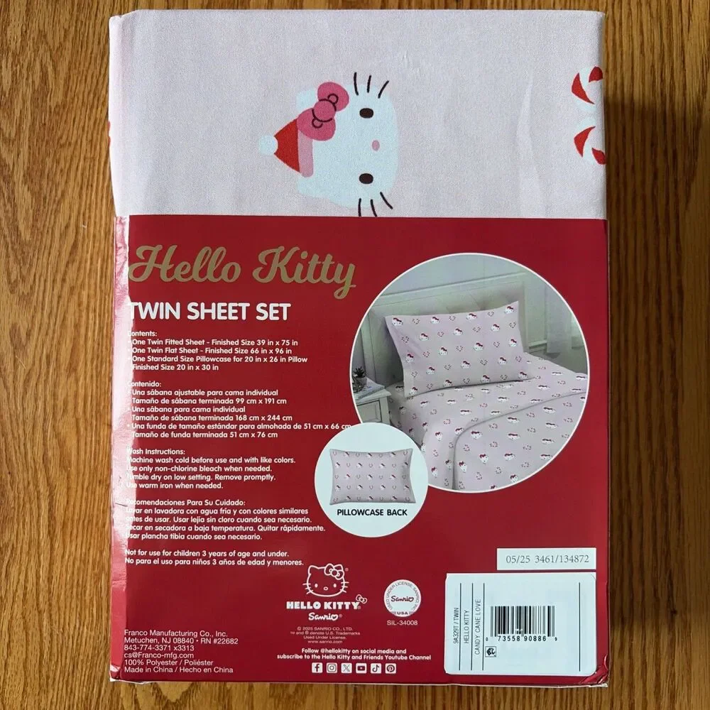 Hello Kitty Holiday Candy Cane Love Twin Sheet Set 3 Piece Set New In Package